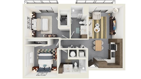 Floor plan for 2 beds, 2 baths, 956 sqft